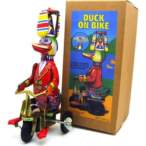 Vintage Wind Up Circus Duck on Tricycle Clockwork Metal Tin Toy Collectible Gift