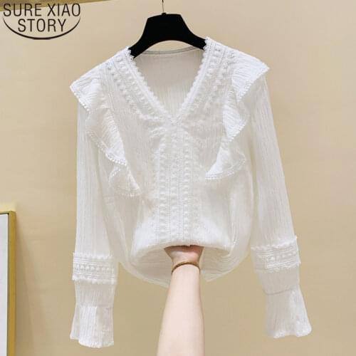 Vintage lace shirts women Korean Loose V-neck Womens Shirts Long Sleeve Women Blouse Lace spliced Flare Sleeve Solid tops 11422