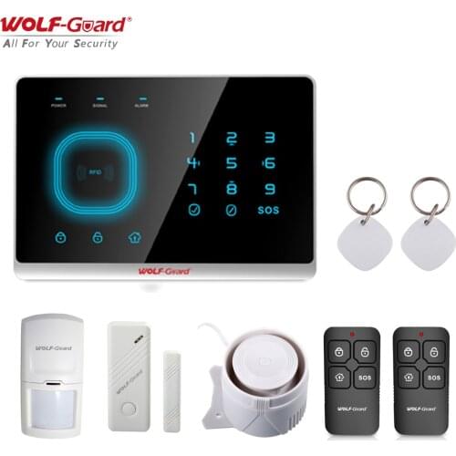 Wolf-Guard Wireless GSM SMS Home Alarm Security Burglar System App Control RFID Card PIR Motion Detector Door Window Sensor