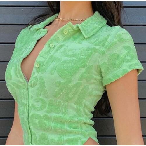 Women Short Tee Cropped Womens Short Sleeve Crop Top Female Casual Solid Summer Fashion Button Up Turn-Down Collar Shirts