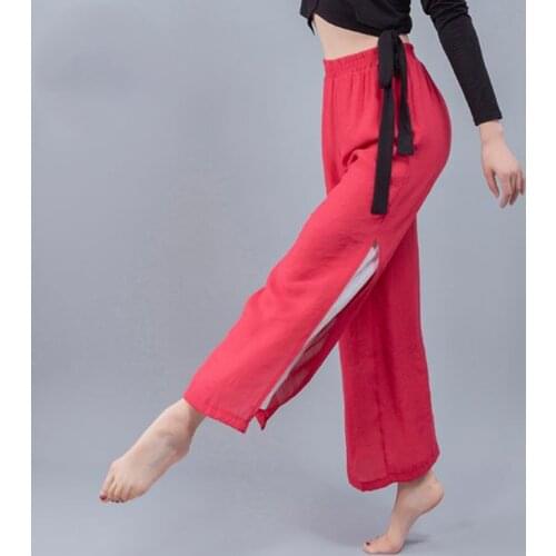 Womens Side Slit Leg Palazzo Pants High Waist Linen Dance Pants Modern Dance Classical Dance Practice Wear Red
