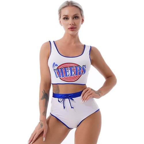 Womens Cheerleader Role Play Uniform Costume Outfits Letter Print Cropped Crop Tank Tops with Drawstring Briefs Hot Pants Shorts