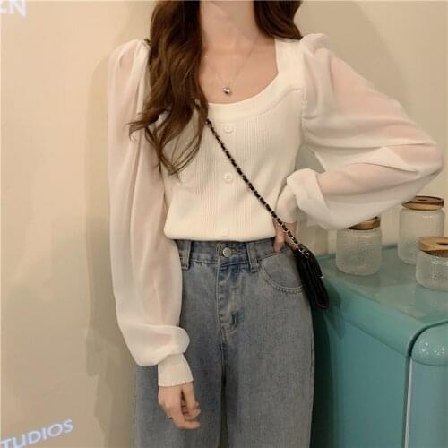 Chiffon Stitching Knitting White Square Collar Sweater Early Fall New Women Clothing Design Feeling Small Brief Puff Sleeve Tops