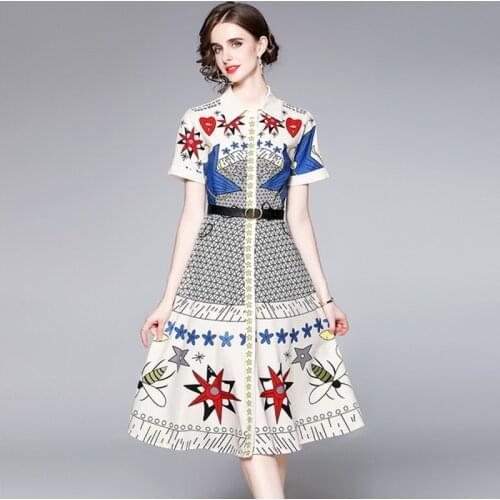2021 summer Fashion Runway Printed Mid-Length Dress Women Short Sleeve Elegant Dress