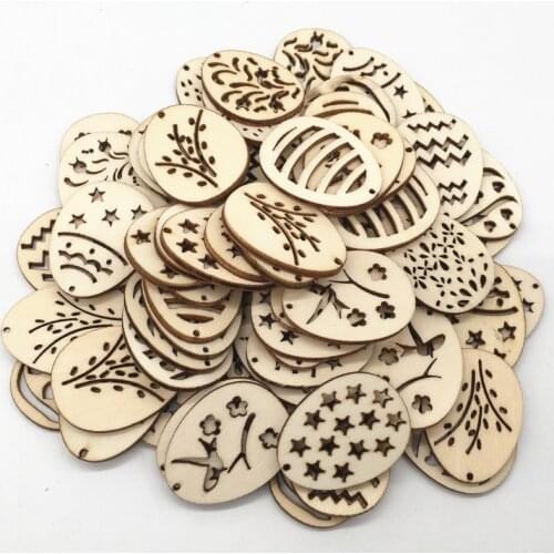 50pcs Easter Eggs Wooden Ornaments DIY Embellishments Crafts Hanging Pendant Tag Happy Easter Decorations for Home