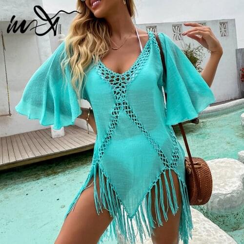 In-X Hollow out beach wear Solid cover-ups women Tassel beach dress summer swimsuit cover up sexy bikini beach tunic quick dry