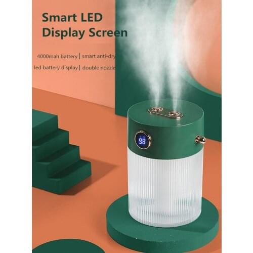 4000mAh Wireless Rechargeable Air Humidifier Large Ultrasonic Aroma Diffuser Humidifier 2 Mist Outlet with LED Battery Display