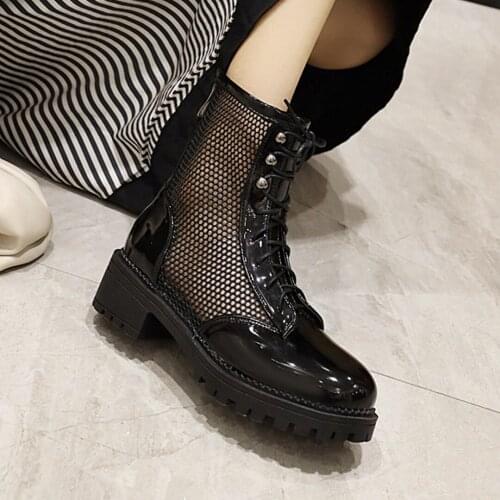 Patent Leather Stitching Mesh Gauze Summer Breathable Womens Boots Cross Straps Hollow Cool And Breathable Flat Ankle Boots