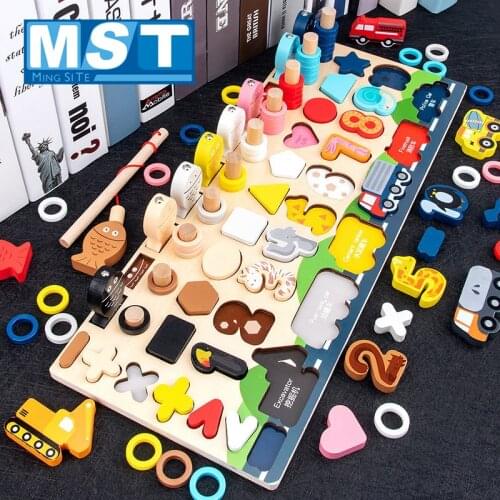 3D Wooden Montessori Toy For Kids Logarithmic Board Fishing Toy Letters Cartoon Animal Recognition Matching Blocks