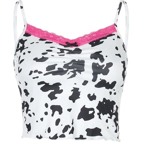 Women Spaghetti Strap Crop Top Milk Cow Print Colorblock Lace Patchwork Camisole Sexy V-Neck Backless Bow Sling Vest Harajuku St