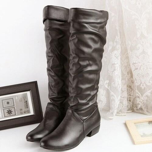 Mazefeng Over The Knee Boots Women Pu Elastic Boots Female Round Toe Shoes Concise Flat Shoes Autumn Winter 2019 Plus Size 43