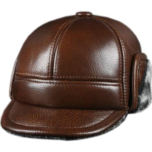 2019 genuine leather men ear protect cap hat high quality mens real leather adult solid adjustable hats caps