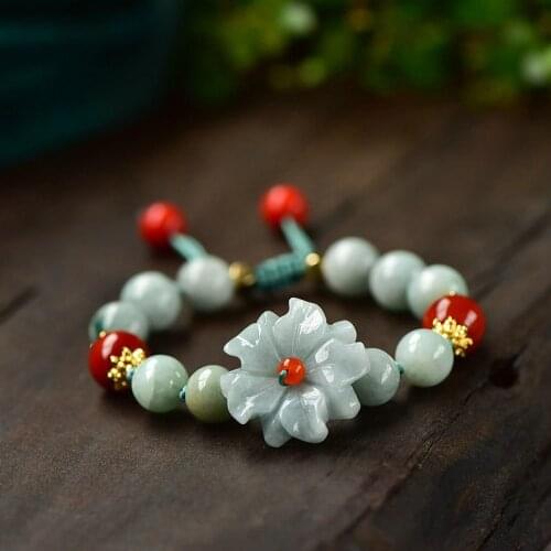 Natural Jade Emerald Flower 10mm Beads Bracelet Adjustable Bangle Charm Jewellery Fashion Accessories Hand-Carved woman Amulet