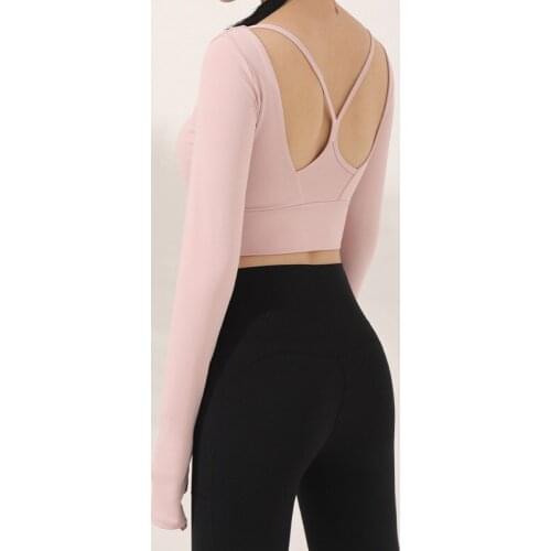 Autumn New Back Cross Hollow Out Tight Long-Sleeve Yoga Shirts With Chest Pad Female Workout U-Neck Fitness Dance Crop Tops