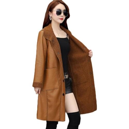 Autumn Winter Warm PU Leather Jacket Women loose long paragraph lambs Bomber Jackets Womens Plus size Windproof Jackets 5XL 1089