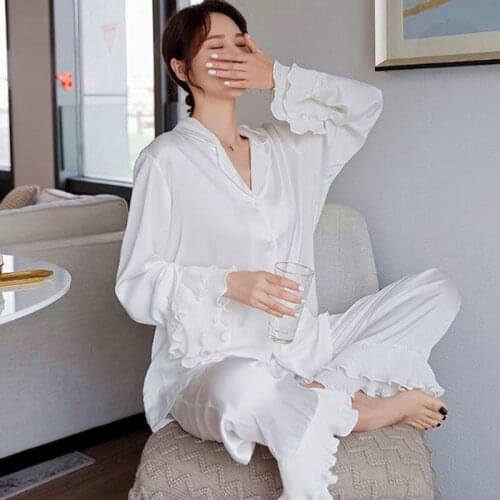 Ins net red pajamas for women ice silk sleepwear pijama set long sleeve ruffle trouser nightwear pyjamas female sweet home suit