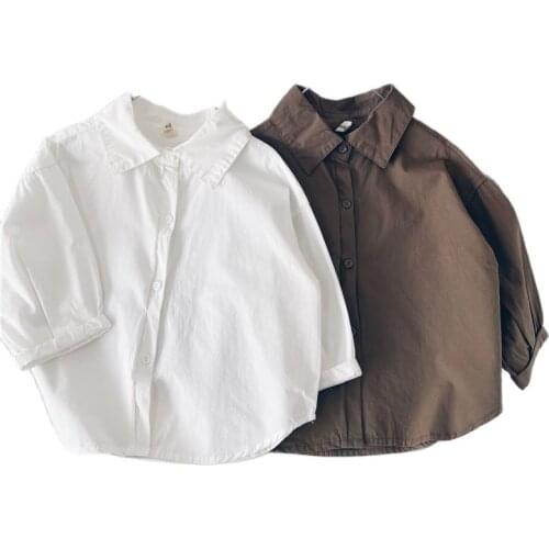 Boys spring autumn 2021 new style pure cotton solid color girl shirt Korean childrens top P4331