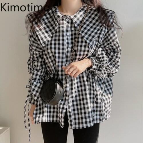 Kimotimo Vintage Plaid Shirt Women Korean Fashion Big Turn-down Collar Ladies Tops Loose Drawstring Puff Sleeve Blouse Sweet