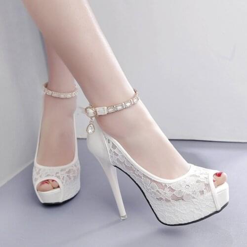 Women sandals Flock Silk Mesh Buckle Strap 12CM Thin Heels High heels Peep Toe Rhinestones Cutout Lace waterproof Shallow black