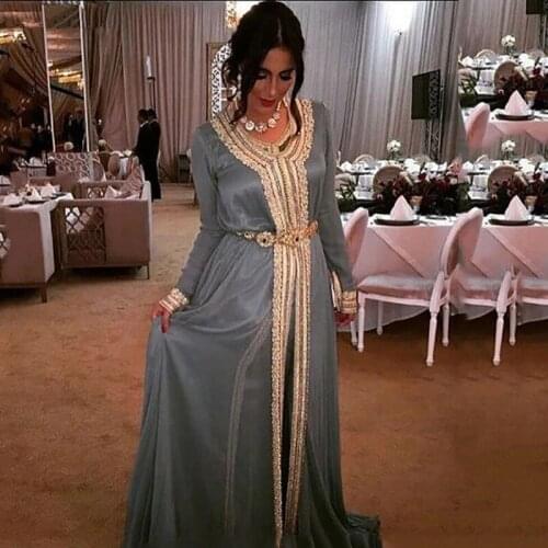 Gray Moroccan Kaftan Caftan Muslim Evening Dresses A-line V-neck Chiffon Appliques Dubai Arabic Turkey Abaya Islamic Gown