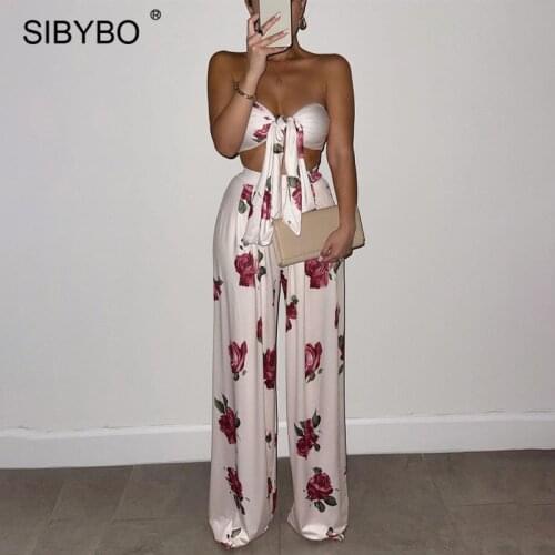 Sibybo Flower Print Summer Two Piece Set Women Vacation Outfits Sexy Lace Up Corset Top And High Waist Wide Leg Pants Suits 2021