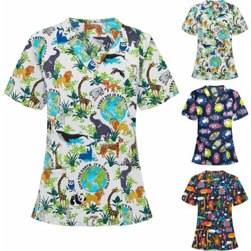 Hospital Nurse Uniform Women Short Sleeve V-Neck Scrubs Tops Animal Print Blouse Care Workers Protective Clothing Enfermera A40