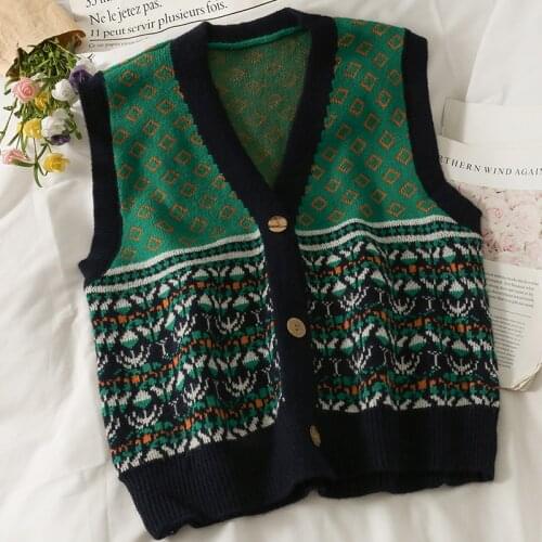 Boho Vintage Sweater Vest Women V-Neck Single Breasted Casual Waistcoat Lady Fashion Knitted Vests Female