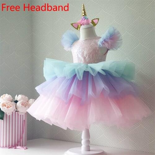 4-10 Years Rainbow Unicorn Princess Dress Children Girls Fromal Party Clothing Flower Girl Wedding Ceremony Kids Girls Dresses