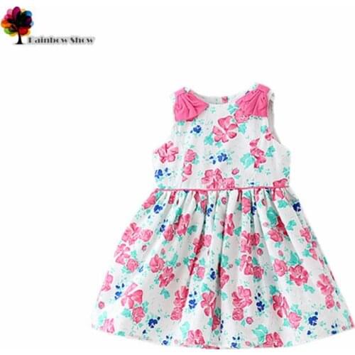New Children Clothing Summer Girls Pink Florals Bows on the Shoulder Double Underskirts Lovely Cotton Dress Kids Dresses