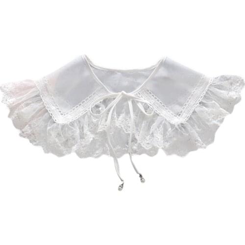 Womens White Ruffled Floral Lace Trim Fake Collar Shawl Sweet Lolita Lace-UpBowknot Short Poncho Capelet Sheer Mesh Choker K3NF