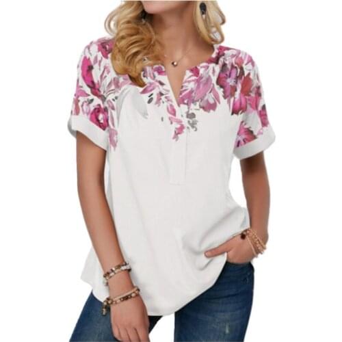 Summer Tops Women Casual Loose Flower Print T-Shirt Short Sleeve Tee Top Ladies Split Fork V-Neck Female Large Size Tops