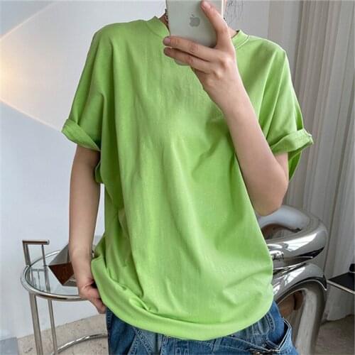 2021 New Summer Fashion Female T-shirt Round Neck Loose High Quality Women Tee Green Casual Elegant Cotton Ladies Tops T209