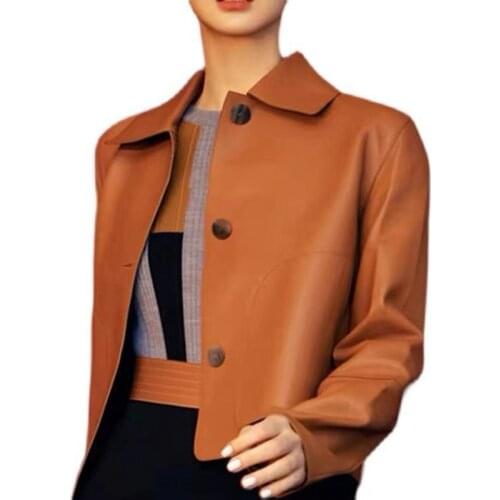 2021 Natural Leather Women Lambskin Leather Jacket Long Sleeves 100% Sheepskin Leather Coat H311