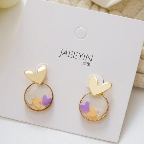 Jaeeyin 2021 Sweet Design Gold Heart Link Resin Disc with Enamel Cute Jewelry Elegant Charm Stud Earrings For Women Gift Kids