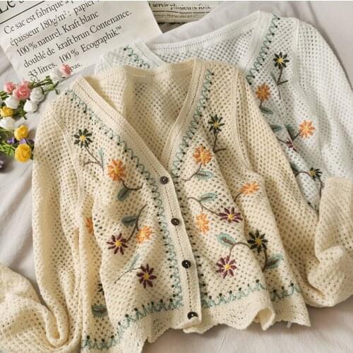 Women Floral Embroidery Hollow Knitted Cardigan Spring Autumn Elegant Long Sleeve V Neck Casual Sweater Outerwear Chic Tops
