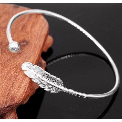 Fashion Beautiful 925 Sterling Silver Feather Cuff Bangles & Bracelets Women Accessories Gifts