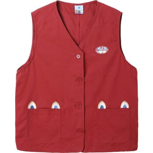 Preppy Style Women Waistcoat V Neck Cotton Red Cute Embroidered Pocket Students Girls Vest Coat