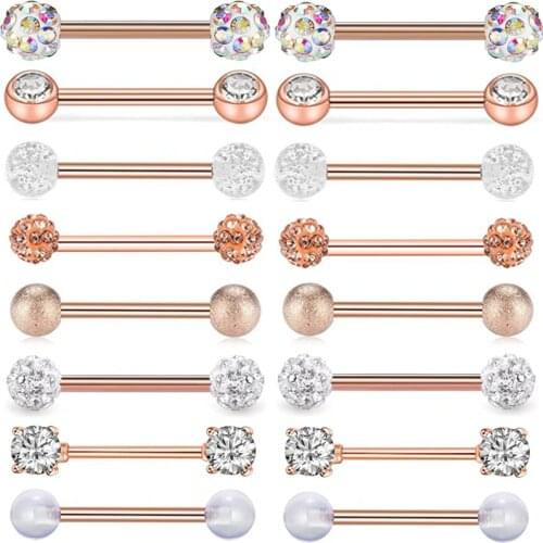 1/2PCS Glitter Tongue Piercing Ring 14G Rose Gold Crystal Nipple Piercing Bar Sexy Tongue Ring Barbell Nipple Ring Pircing Teton