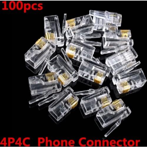 100Pcs Crystal Head RJ11 4P4C Modular Plug Gold Plated Network Connectors