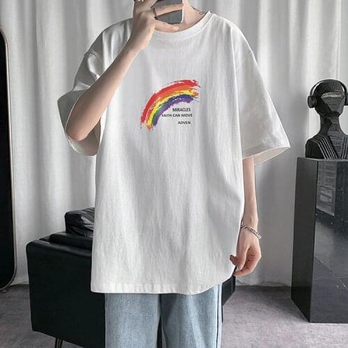 #1008 Summer Linen T Shirt Men Short Sleeve T-shirt White Black Blue Rainbow Printed Casual O Neck Streetwear Preppy Style