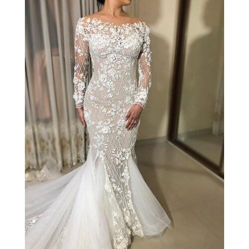 2020 Arabic Dubai Vintage Illusion Lace 3D Flowers Wedding Dresses Sheer Neck Long Sleeves Bridal Dress Vintage Wedding Gowns