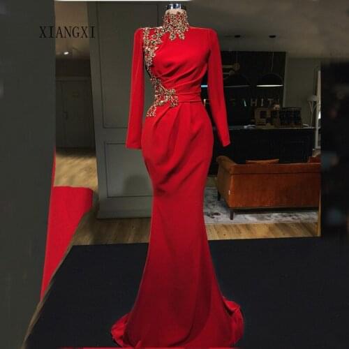 2020 Hot Sale Red Evening Dress Long High Collar Full Sleeves Mermaid Evening Dresses vestido de festa long