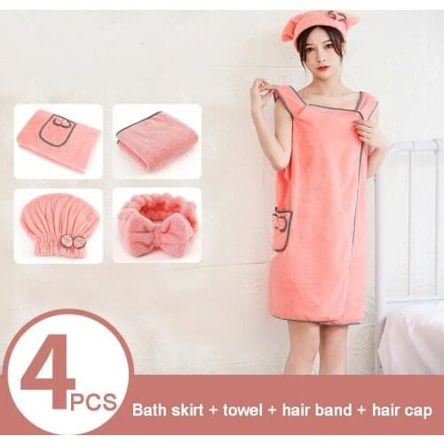 Candy Color 4 Pcs Sets Wearable Quick Drying Miraculous Large Bath Towel Microfiber Soft Magic Bathrobes Absorbent Hair Cap