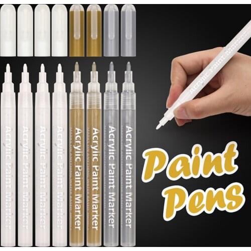 White Paint Pen 0.8mm Acrylic White Gold Silver Permanent Marker Pen for Wood Rock Plastic Glass Stone Metal Canvas Art Supplies