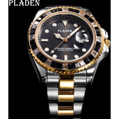 PLADEN Black Watch Men Gold Silver Diamond Brand Luxury Round Luminous Analog Stainless Steel Timepieces Dive Swim Man Jewelry