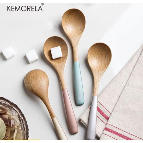 Painted Wooden Handle Wooden Spoon Beech Wood Mixing Curved Handle Spoon Bamboo Teaspoons Soup Ladle Tableware Kitchen Utensils