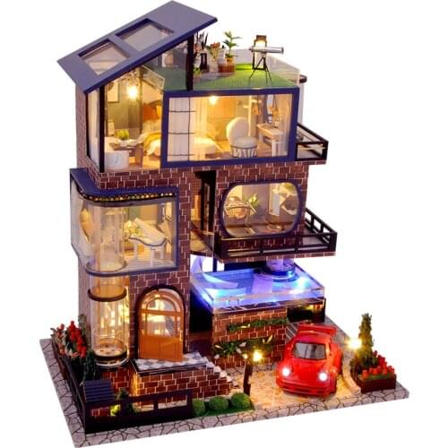 DIY Wooden Dollhouse Manhattan Villa Kit Assembled Miniature Car Swimming Pool Doll House Toy for Children Adult Christmas Gifts