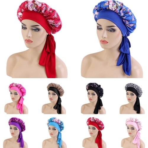 Elastic Wide Band Satin Hair Bonnet Long Sleeping Hat Wrap Night Cap Print Hair Care Bonnet Women Shower Caps Bandage Headwear