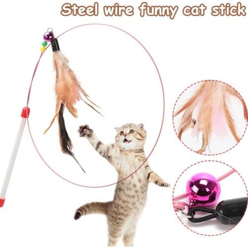Cat Feather Toy 90cm Long Elastic Cat Teaser Wand with Bell Natural Chicken Feather Pendant with Beads for Kitten C1