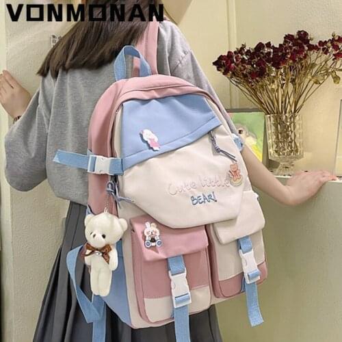 Kawaii Women Backpack Purses Nylon School Book Bag with Badge Buckle Travel Bag for Teen Girls Bagpack Large Capacity Rucksack